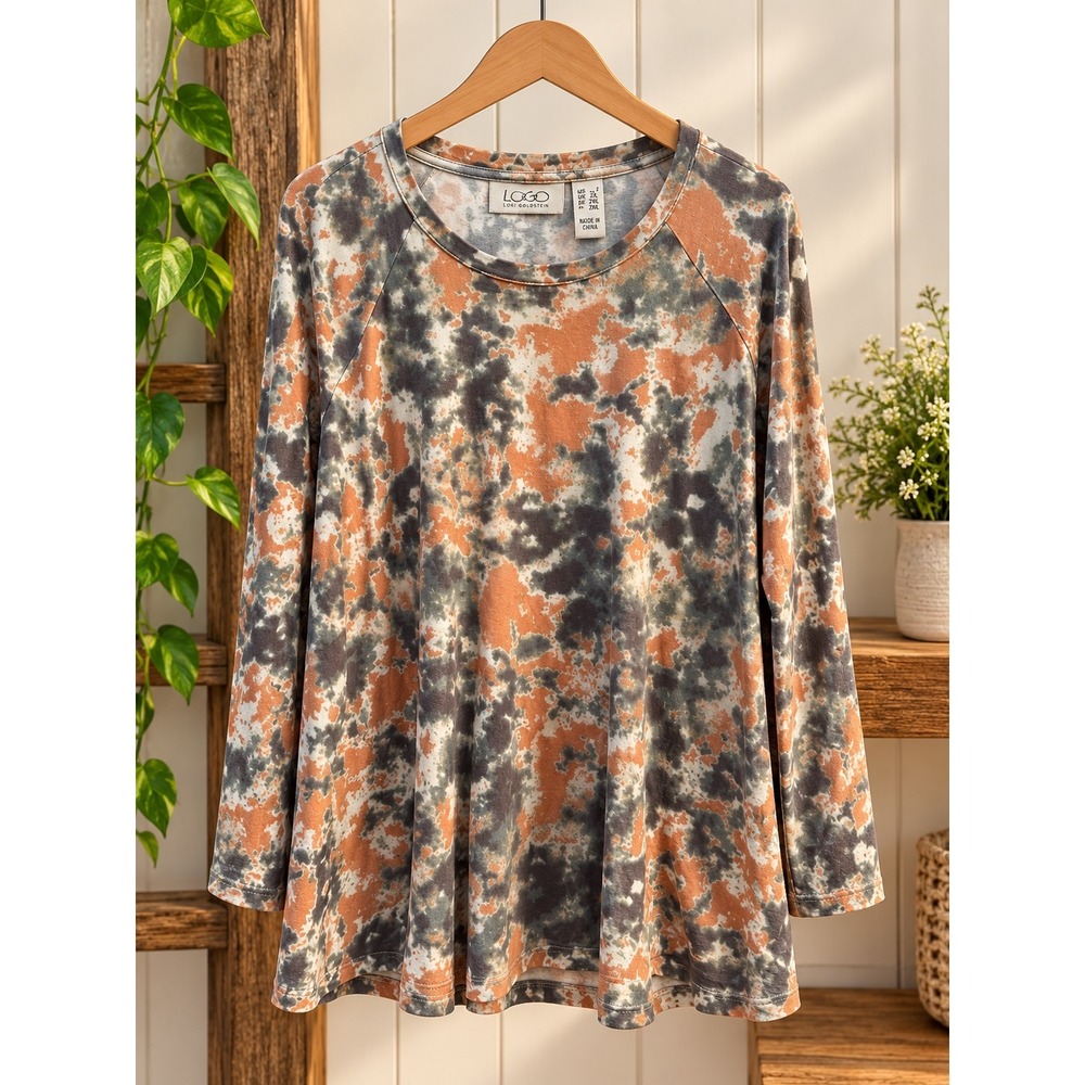 LOGO Lori Goldstein Tie Dye Tunic Top Women 1X Orange Grey Long Sleeve Swing